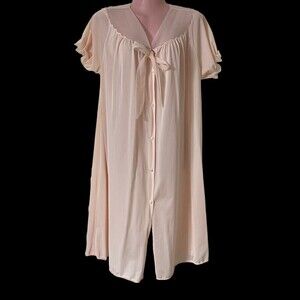 Vintage Rogers Women's Robe Dressing Gown L Pink Nylon w Chiffon Trim Buttons